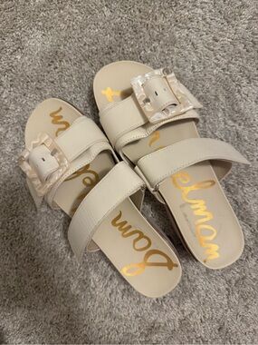 Sam Edelman Adrianna Ivory Double-Strap Slide Sandals with Buckles Size 9.5